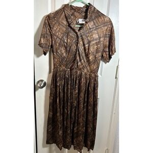 Eileen Scott Dallas Vintage 70s Brown Button Down Shift Dress Womens Size L/XL‎